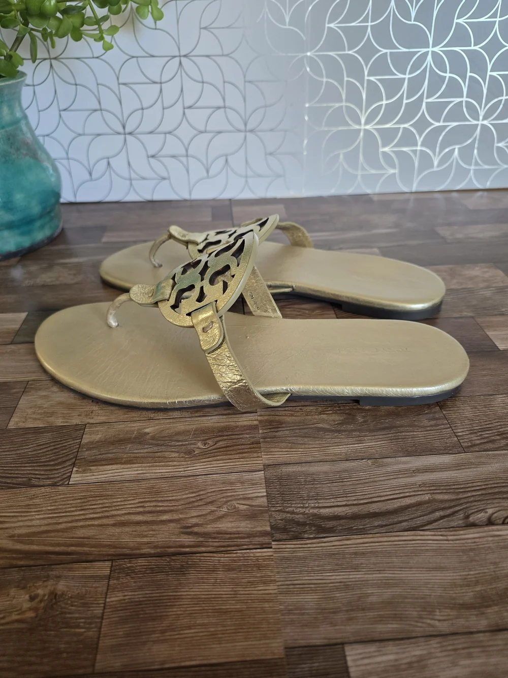 Tory Burch Metallic Gold Logo Thong Sandals